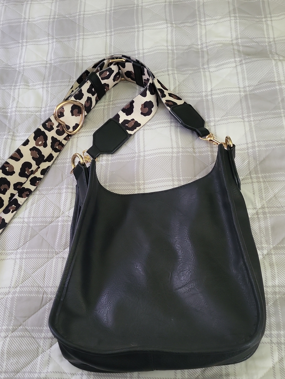 Ahdorned Classic Black Crossbody or Shoulder Bag with Leopard-Print Strap